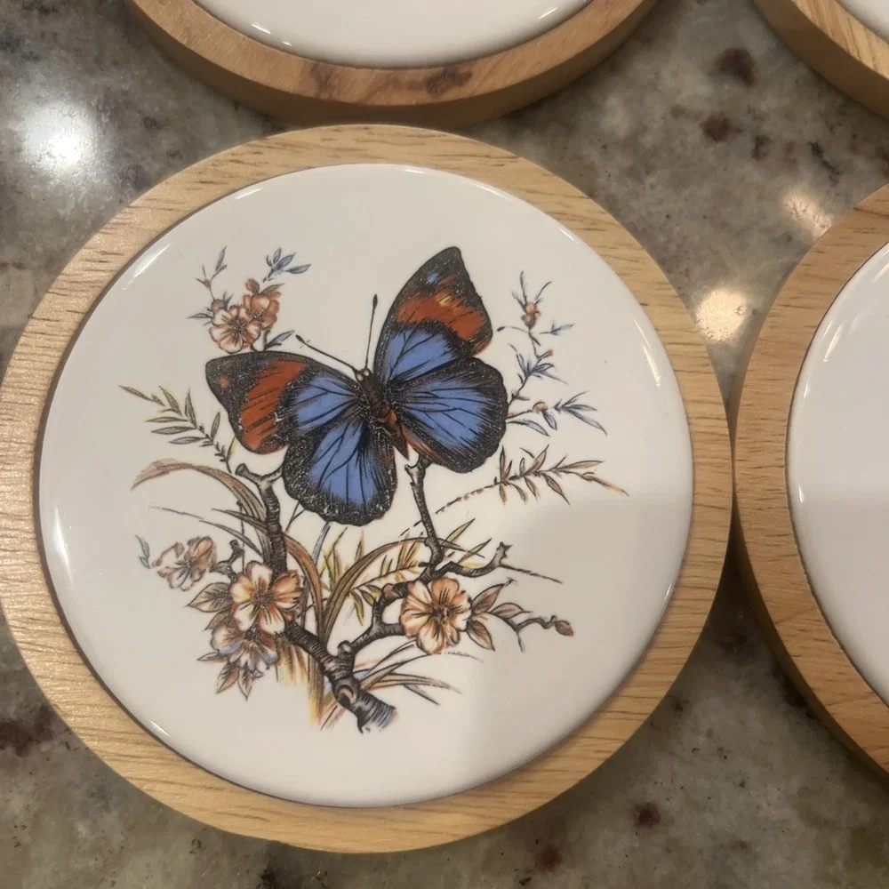 Butterfly Coasters Wood Ceramic Monarch 6‎ Designs Cottage NEW old stock